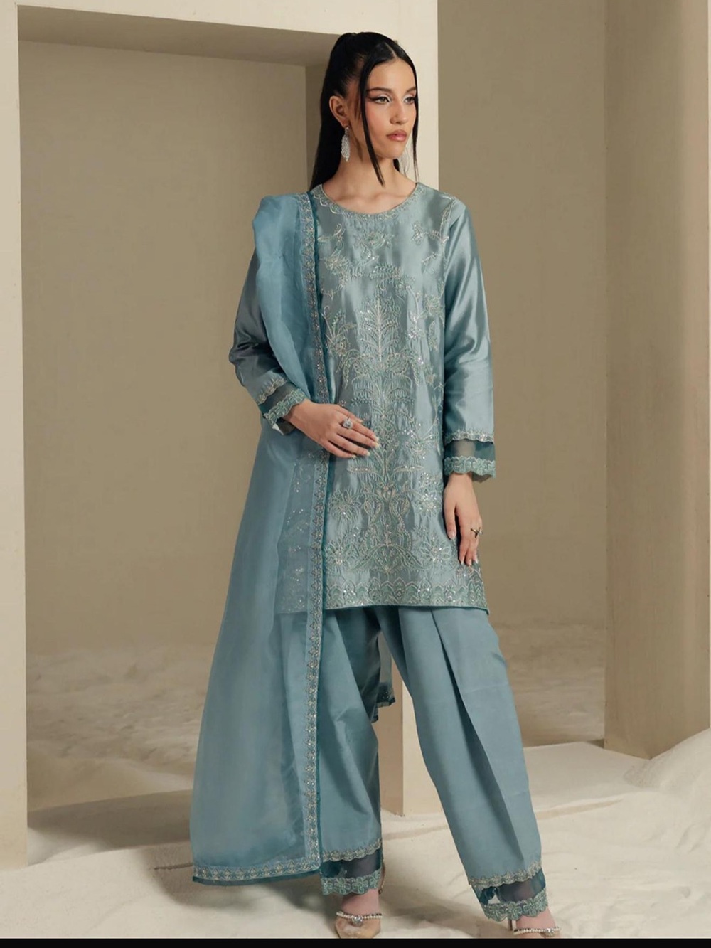 Embroidered Seafoam Blue Pakistani Salwar Kameez Set from Maryum & Maria .